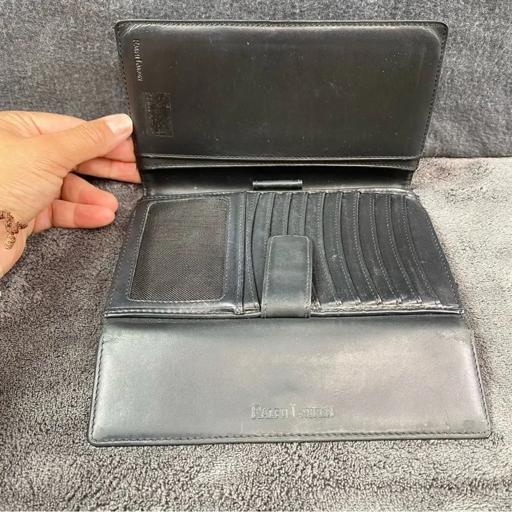Ralph Lauren Bifold Wallet checkbook ID Card Credit Card Logo Navy Green Leather